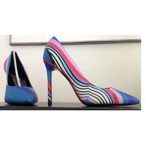 Auth NIB Pucci striped swirl print blue lavender red pumps box bag EU 37 US 7